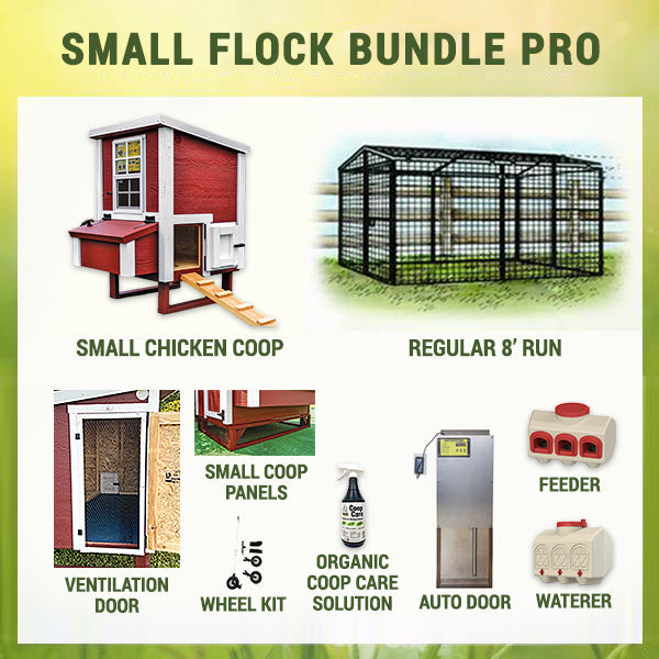 An infographic of the OverEZ Chicken Coop Small Flock Bundle Pro including a red small chicken coop, an 8' regular run, and additional coop care accessories.
