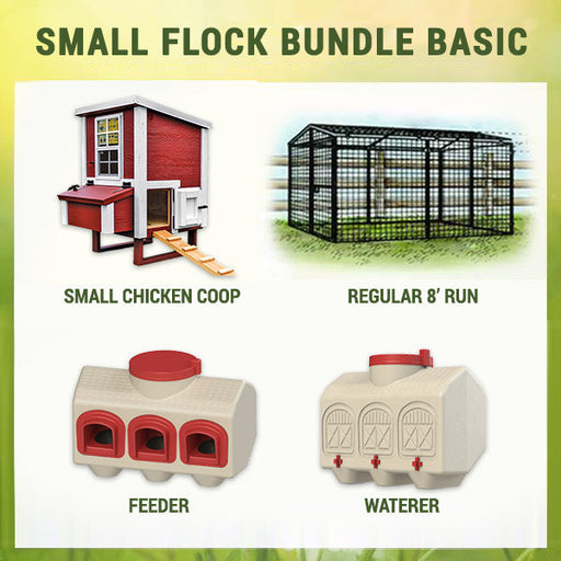 Promotional image showcasing the OverEZ Small Flock Bundle Basic, including a red small chicken coop, regular-sized chicken run, red feeder, and white waterer.