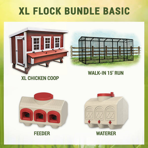 A promotional image showcasing the OverEZ XL Flock Bundle Basic, including a walk-in run, chicken coop, and additional accessories.