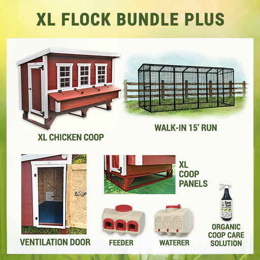A promotional image showcasing the OverEZ XL Flock Bundle Plus, including a walk-in run, chicken coop, and additional accessories.