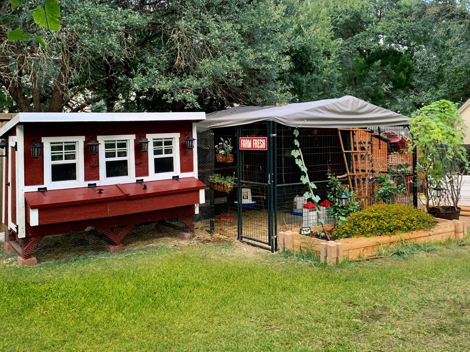 The OverEZ Chicken Coop XL Flock Bundle set against a verdant garden backdrop with a walk-in run and vibrant flower bed.