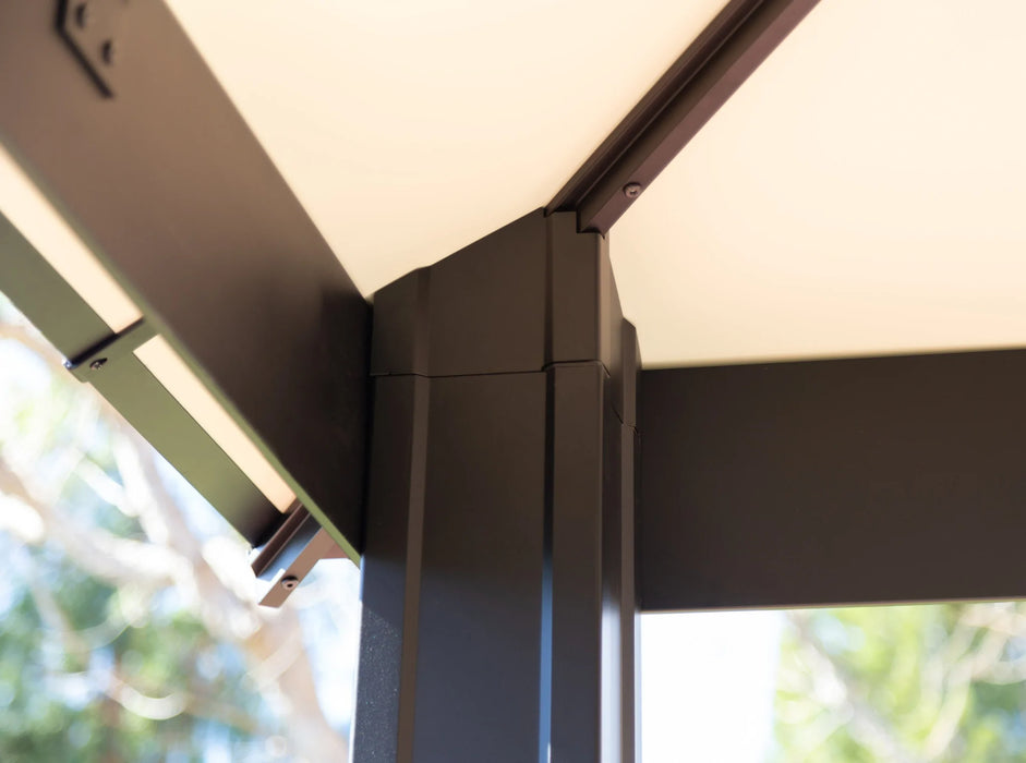 Close-up of the corner joinery of the 11x13 Santa Monica Hard Top Gazebo, showcasing the solid construction and design detail.