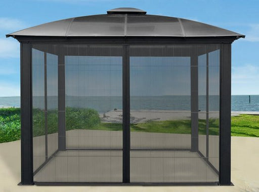 A sturdy, black hardtop gazebo with a double-roof design and fully enclosed screen, set against a backdrop of a sandy beach and blue ocean.
