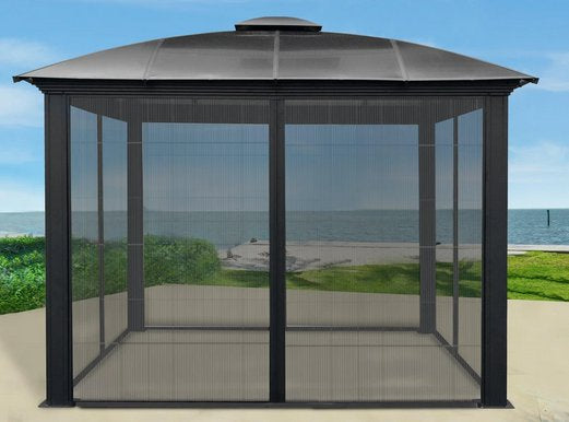  Paragon Outdoor Siena hardtop gazebo with a double-roof design and fully enclosed screen, set against a backdrop of a sandy beach and blue ocean.