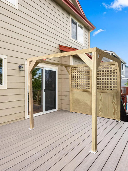 An Amish Gazebos Patio Pergola Lattice Panels - ADD-ON Only on a wooden deck.