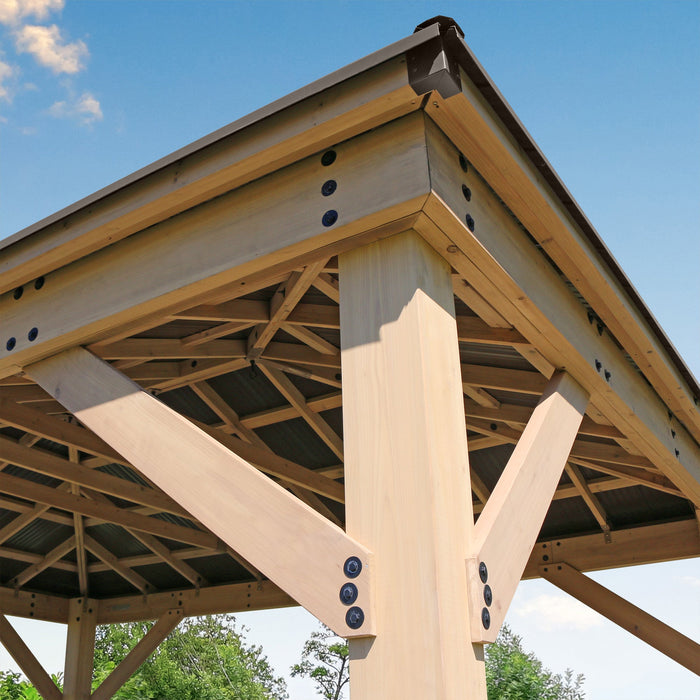 Close up of the structure and roof support of the Yardistry Cedar Gazebo.