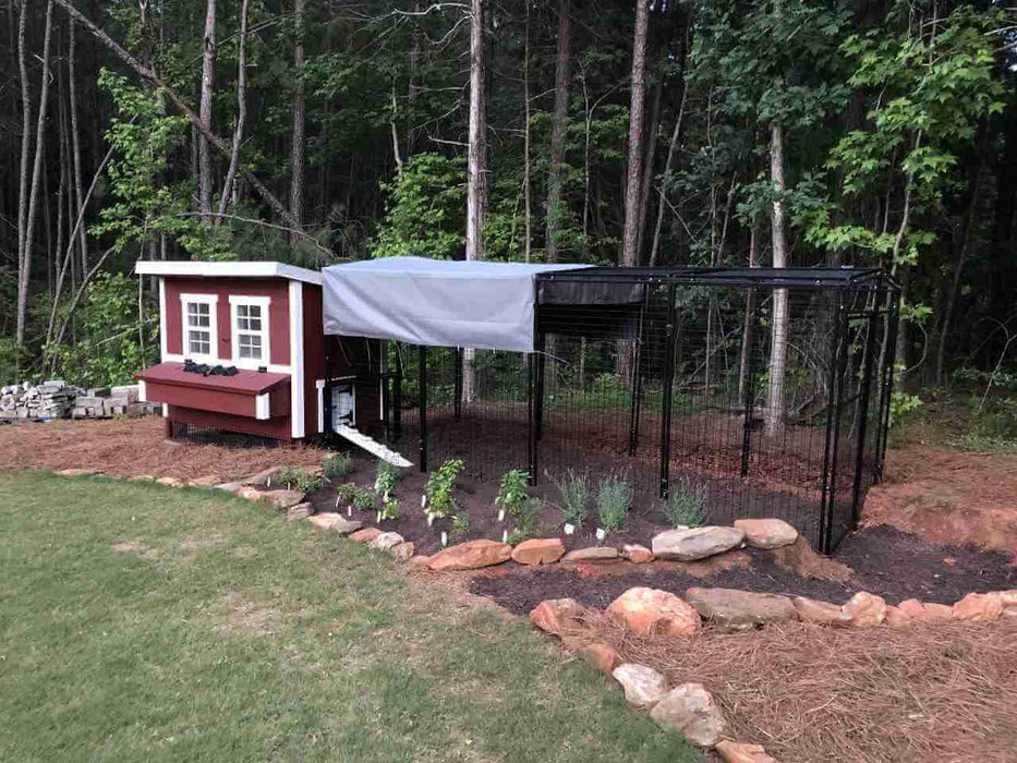 OverEZ Walk-In 15 ft. Chicken Run with a protective tarp covering, offering shade and shelter for poultry.