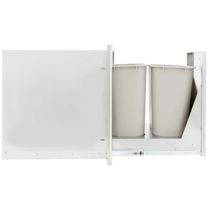 A white cabinet with Blaze Grills Roll Out Double Trash/Recycle Drawer.