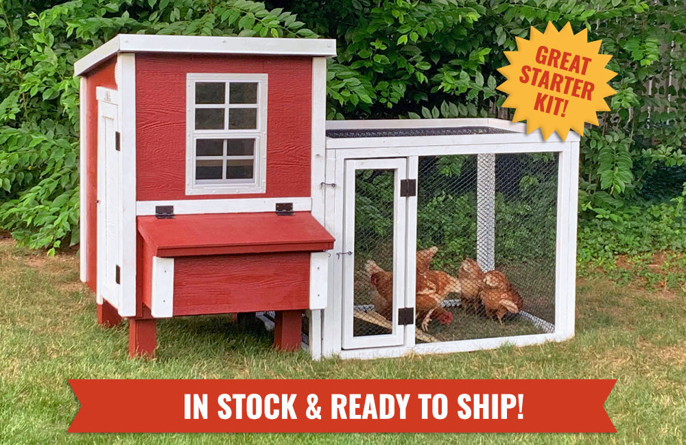 'Great Starter Kit' badge displayed on the ready-to-ship OverEZ Chicken Coop, a convenient solution for backyard chicken keepers.