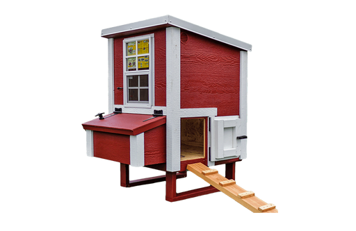  Standalone small OverEZ chicken coop painted red with a white door, window trim, and a side-mounted nesting box, set against a transparent background.