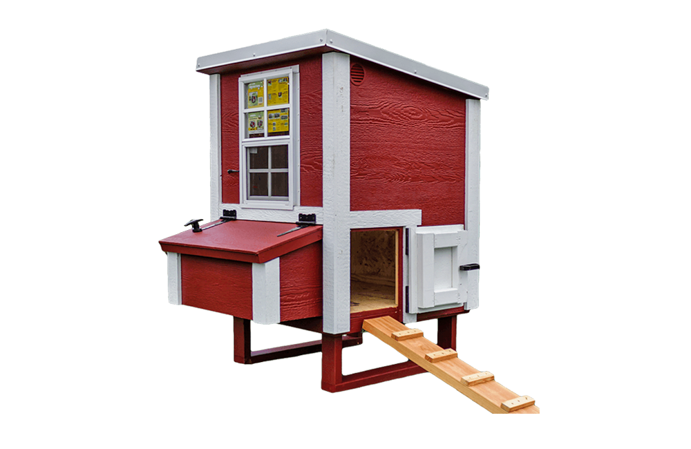 The standalone red OverEZ small chicken coop featuring white accents, a side nesting box, against a transparent backdrop, from the OverEZ Chicken Coop Small Flock Bundle Pro.