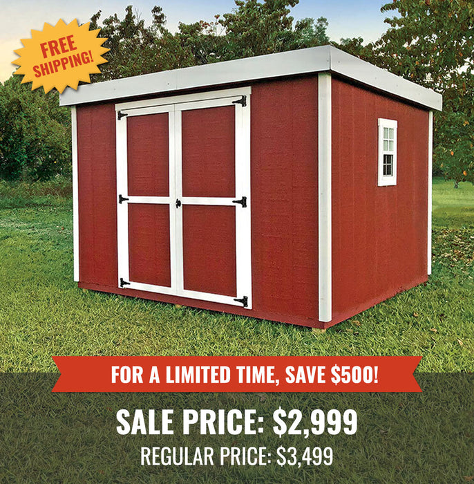 Sale advertisement for OverEZ Chicken Coop Shed Kit in a Box showing red shed with white trim on grassy background, highlighting a $500 discount and free shipping.