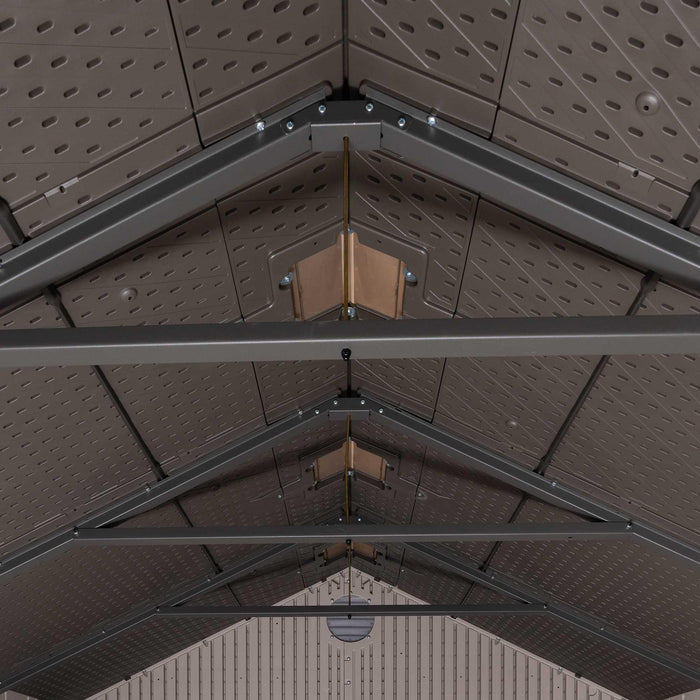 The Lifetime 8 Ft. X 10 Ft. Outdoor Storage Shed - 60332 is the ceiling of a building with metal trusses.