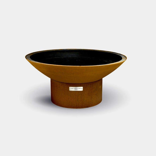 Arteflame 40 inch fire pit featuring a low round base, presented alone against a minimalist background highlighting its rust-colored finish and dark interior.