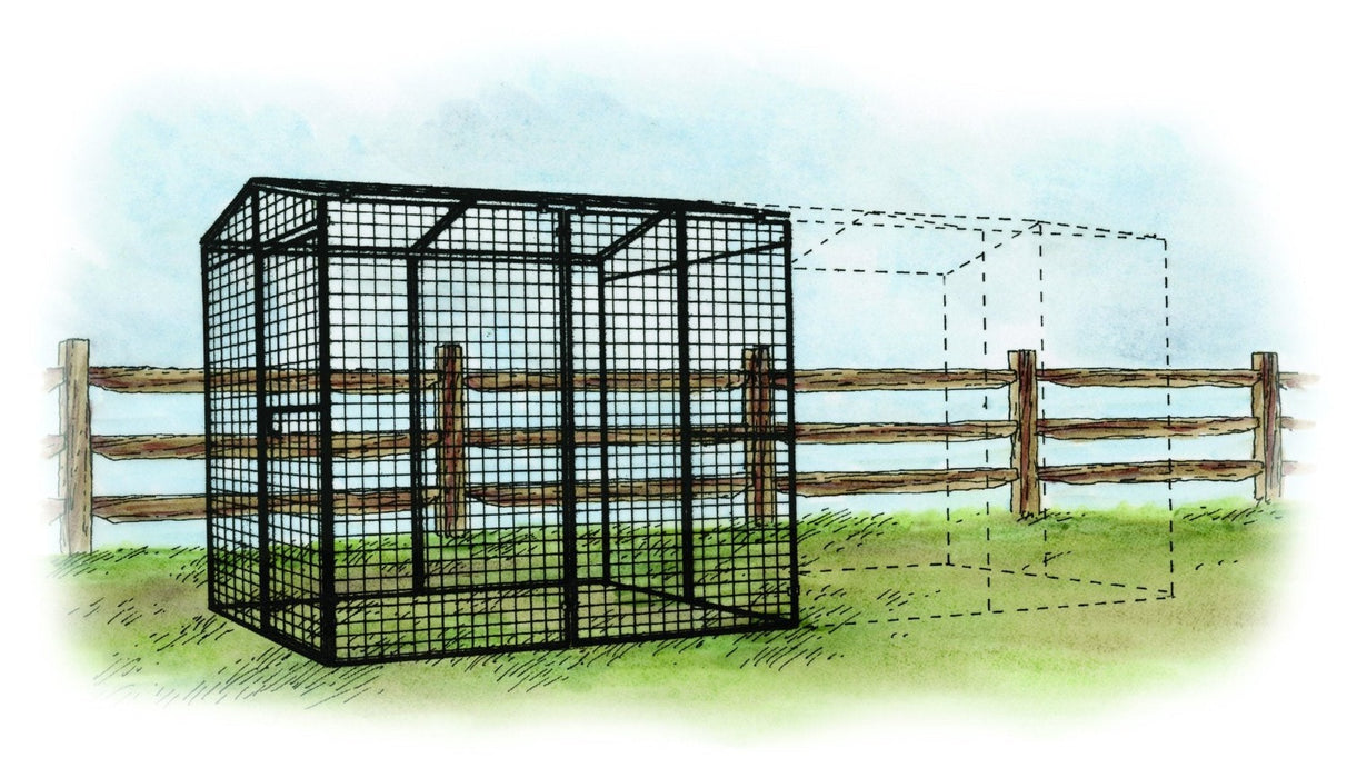 OverEZ 8 ft. rugged ranch-style chicken run, providing a secure outdoor space for chickens, with clear skies above.