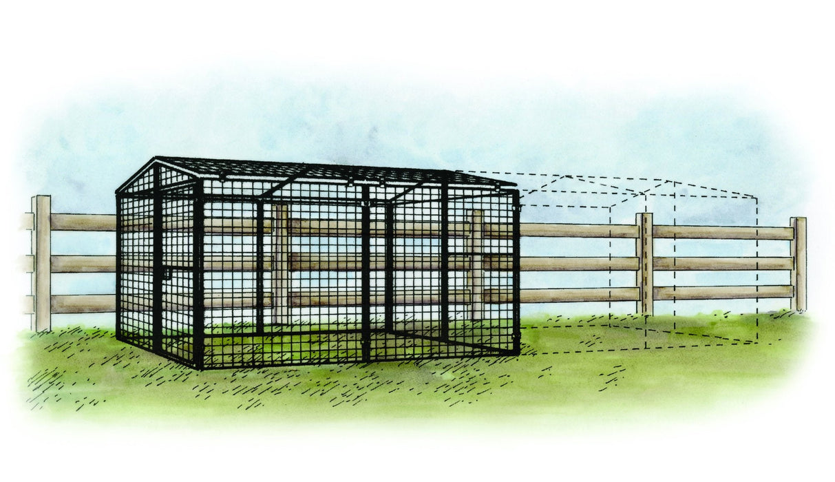 A sketched illustration of the Rugged Ranch Run measuring 7'x8'x4', detailing the robust wire mesh and fenced structure, part of the OverEZ Chicken Coop Small Flock Bundle Plus set.