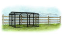 Artistic rendering of a 7'x8'x4' Rugged Ranch Run for poultry, with an emphasis on its sturdy wire construction and fenced enclosure, against a serene outdoor backdrop.