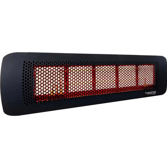 The sleek matte black design of the Bromic Tungsten Smart-Heat 500 series gas patio heater with illuminated elements.