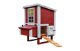 A solitary small OverEZ chicken coop in vibrant red with white detailing and an attached nesting box, presented without background, included in the OverEZ Chicken Coop Small Flock Bundle Plus.