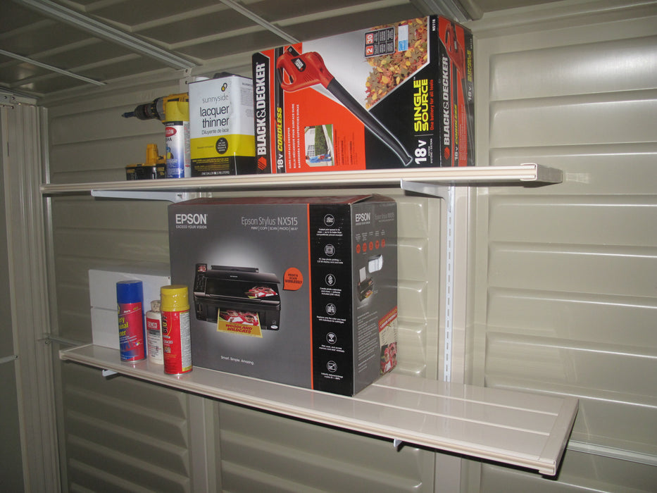 Duramax 12"x50" double shelf kit, SKU 08632, efficiently storing various household items, highlighting the versatility of the shelving unit.