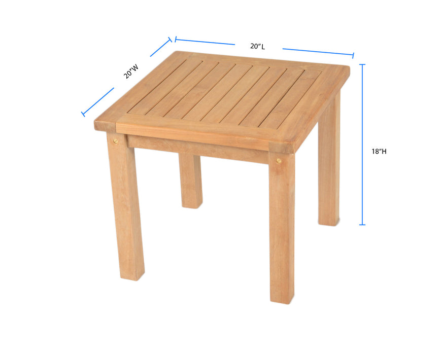 A Sunbrella Canvas Natural teak side table with dimensions displayed, suitable for outdoor environments