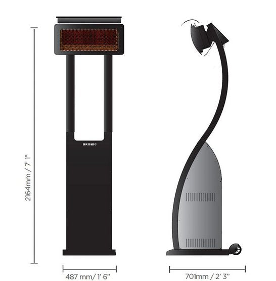 Technical dimensions illustration of the Bromic Tungsten 500 Series portable gas patio heater, providing exact height and width measurements.