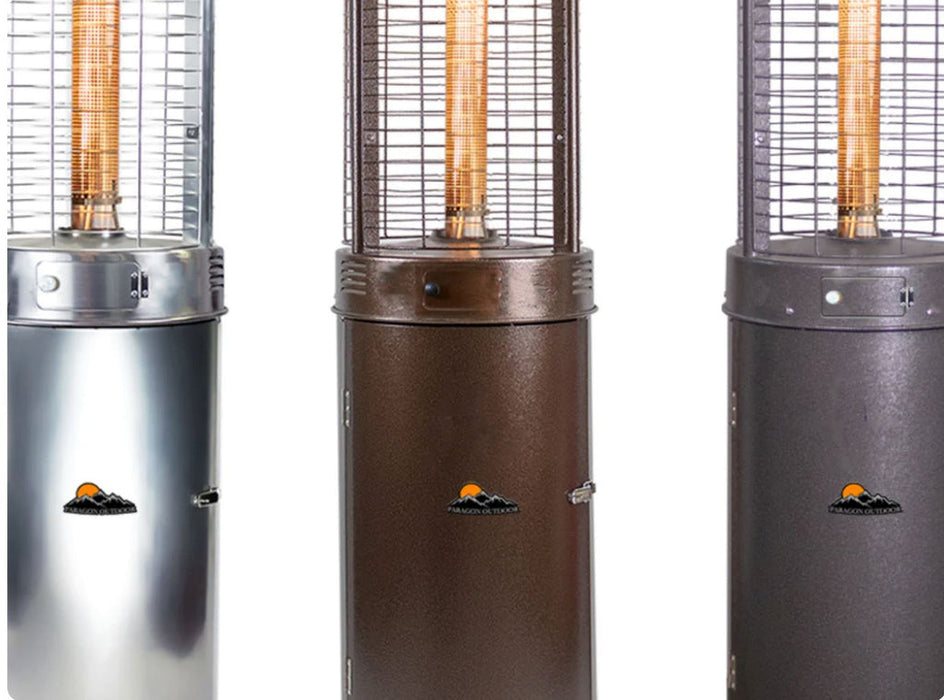 Collection of Vulcan Flame Tower Heaters in stainless steel, bronze, and Silver vein.