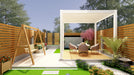 A 3d rendering of a Villa Pergola with a wooden deck and a swing.