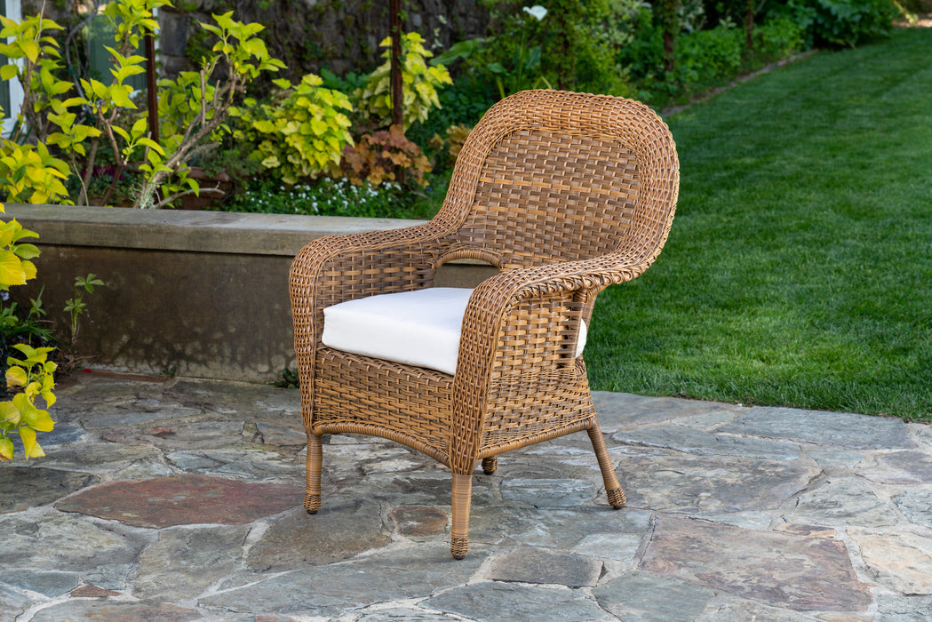 The dining chair of the Tortuga Outdoor Sea Pines 5-Piece Outdoor Wicker Dining Set - Mojave on a stone patio.