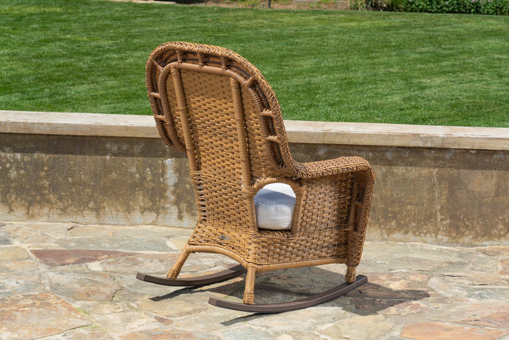 Back view of the chair from Tortuga Outdoor Sea Pines 3-Piece Wicker Rocking Chair & Table Set Mojave