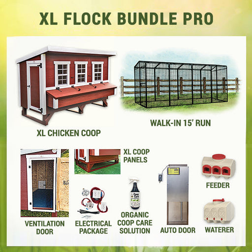  A promotional image showcasing the OverEZ XL Flock Bundle Pro, including a walk-in run, chicken coop, and additional accessories.