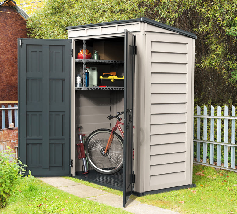 Duramax YardMate Plus 5'x3' Pent Shed in Gray placed outdoors, doors open with bicycle and tools inside
