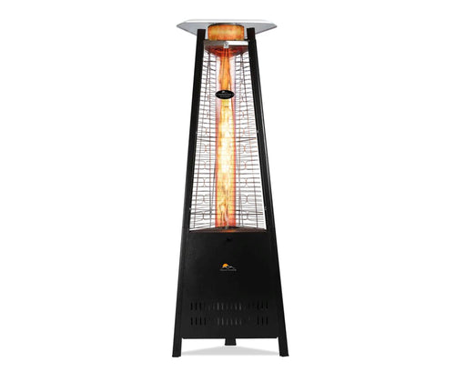 Inferno Flame Tower Heater in black with visible flame and brand logo.