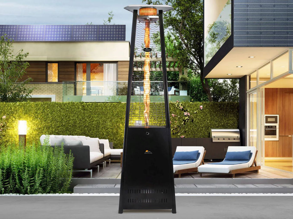 Black Paragon Vesta Flame Tower Heater in a garden patio setting