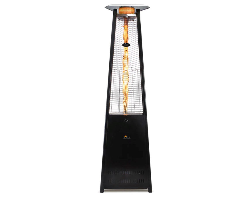 Vesta Flame Tower Heater in black with visible flame and brand logo.