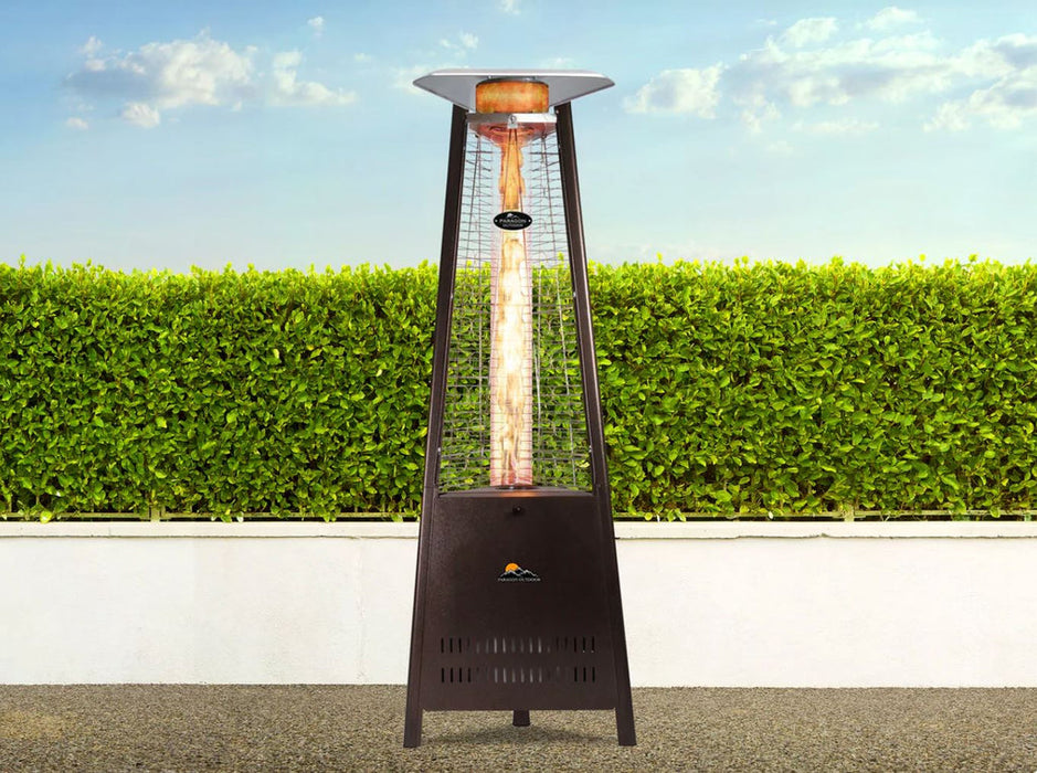 Tall, bronze Paragon Inferno Heater with visible heating element and safety labels.