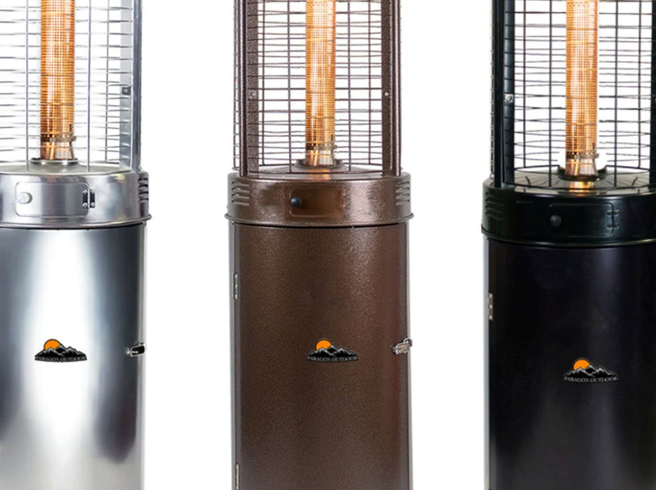 Collection of Paragon Outdoor Helios Flame Tower Heaters in silver, brown, and black.