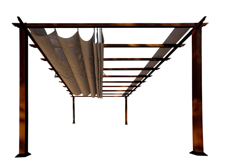 Full view of the Paragon Outdoor Florence Pergola with taupe canopy fabric partially drawn, revealing the pergola’s slender design and modern appeal.