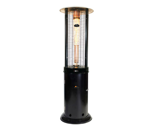  Black Helios Heater with visible heating element and safety labels.