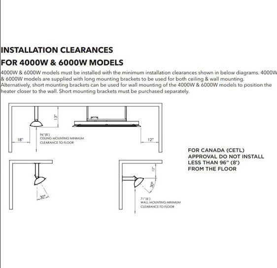Detailed illustration of the required installation clearances for the Bromic Heating Cobalt Smart-Heat 4000w electric patio heater, crucial for safe operation.