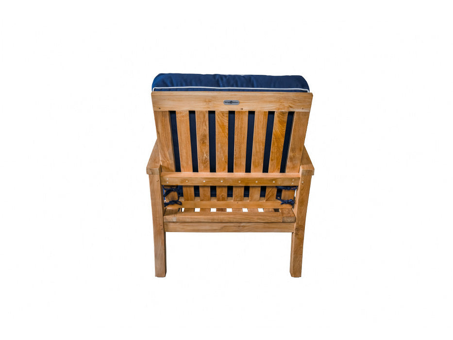 A luxurious Tortuga Outdoor 6-Piece Indonesian Teak Loveseat and Fire Table Set - Canvas Natural or Navy with a blue cushion featuring durable construction.