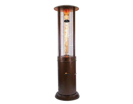 Helios Round Flame Tower Heater in brown with visible flame and brand logo.