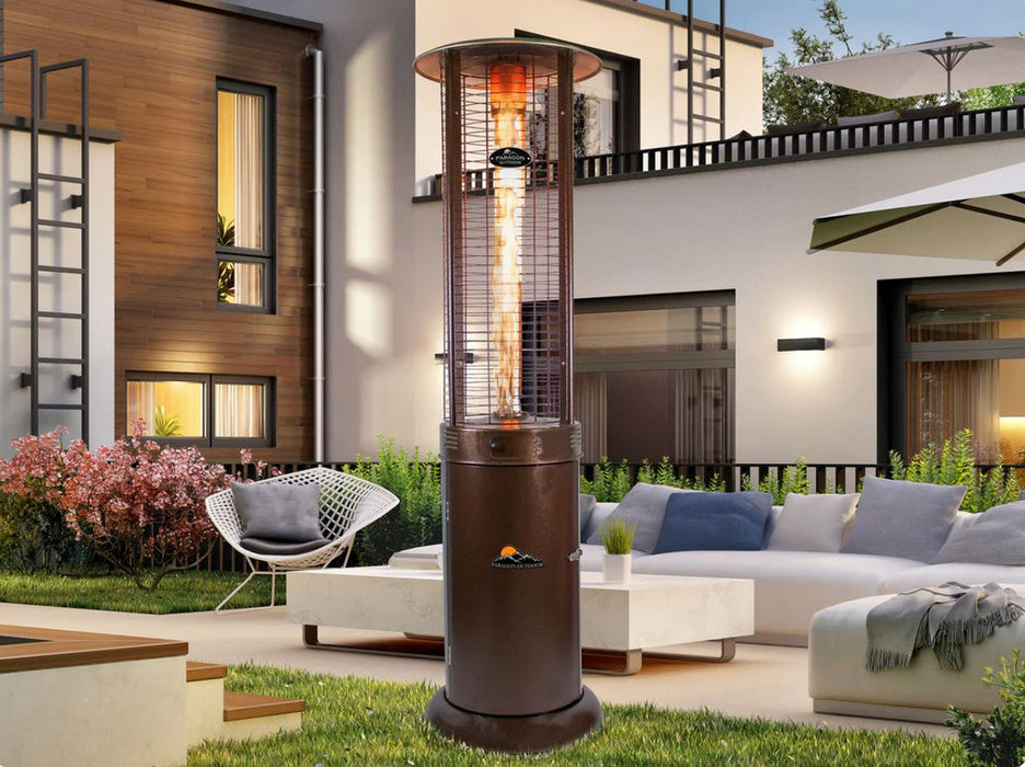 Brown  Helios Tower Heater in a garden patio setting.