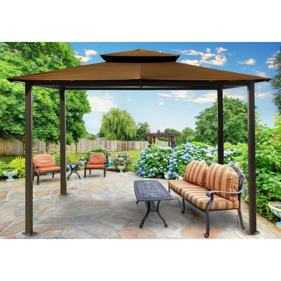 An alternative view of the Paragon Outdoor Barcelona Gazebo with a cocoa canopy, showcasing its sleek structure and stylish design.