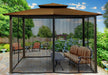 The Barcelona Soft Top Gazebo with a cocoa canopy and mosquito netting add on, offering a bug-free outdoor lounge area in a lush garden setting.