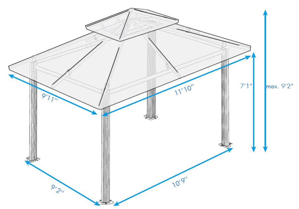 Technical illustration showing the dimensions of the Paragon Outdoor Barcelona Soft Top Gazebo, with detailed measurements for each dimension.