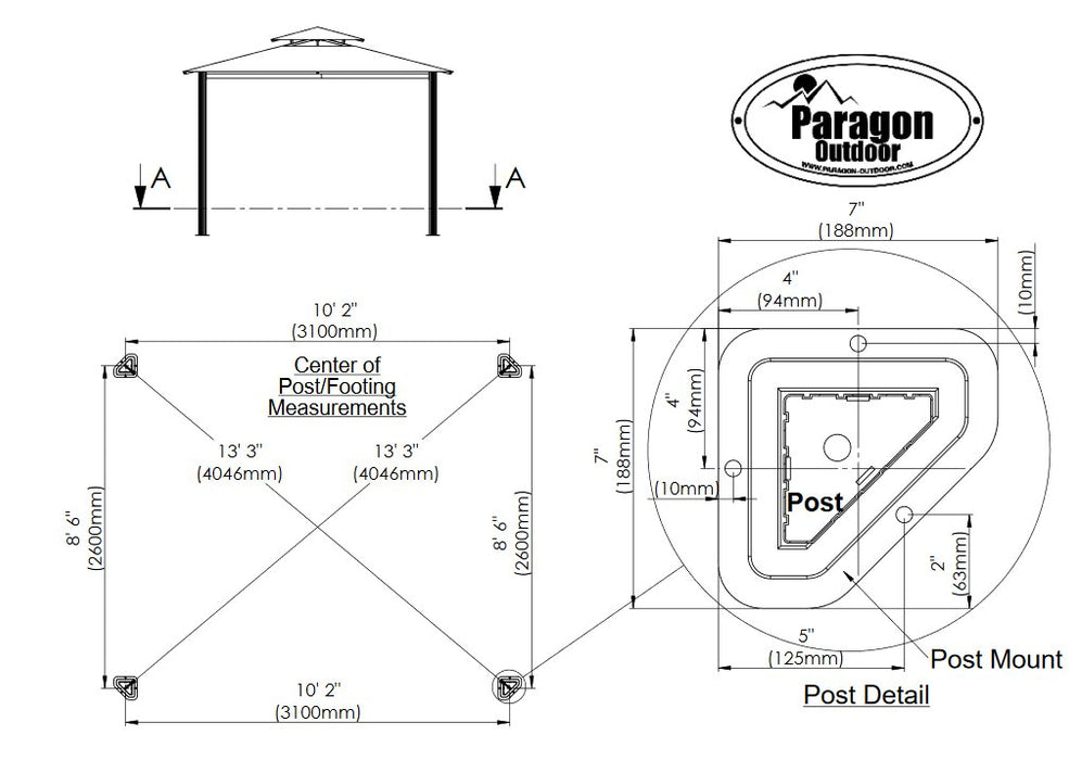 Technical drawing of the Paragon Outdoor Barcelona Soft Top Gazebo 10' x 12', showing the overhead view, post dimensions, and footings layout with measurements and the Paragon Outdoor logo.