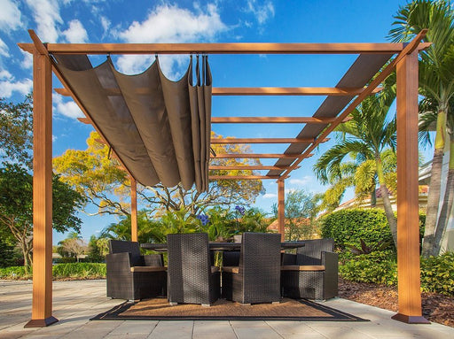 Paragon Outdoor Florence aluminum pergola with a cedar-colored structure and a cocoa-colored canopy, set in a vibrant garden.