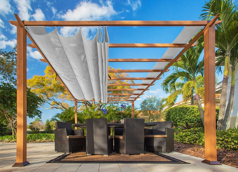 stylish Paragon Outdoor Florence pergola with a cedar structure and a silving er roof, enhanca contemporary outdoor space