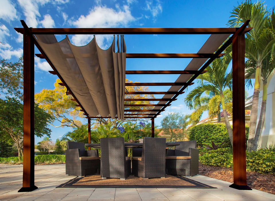 Florence aluminum pergola with chilean ipe colored structure and a cocoa-colored retractable canopy, showcased in a lush garden setting.